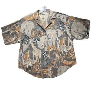 Vintage 80s Caribou Brand Hawaiian Shirt Women's Sz 14 African Animal Safari